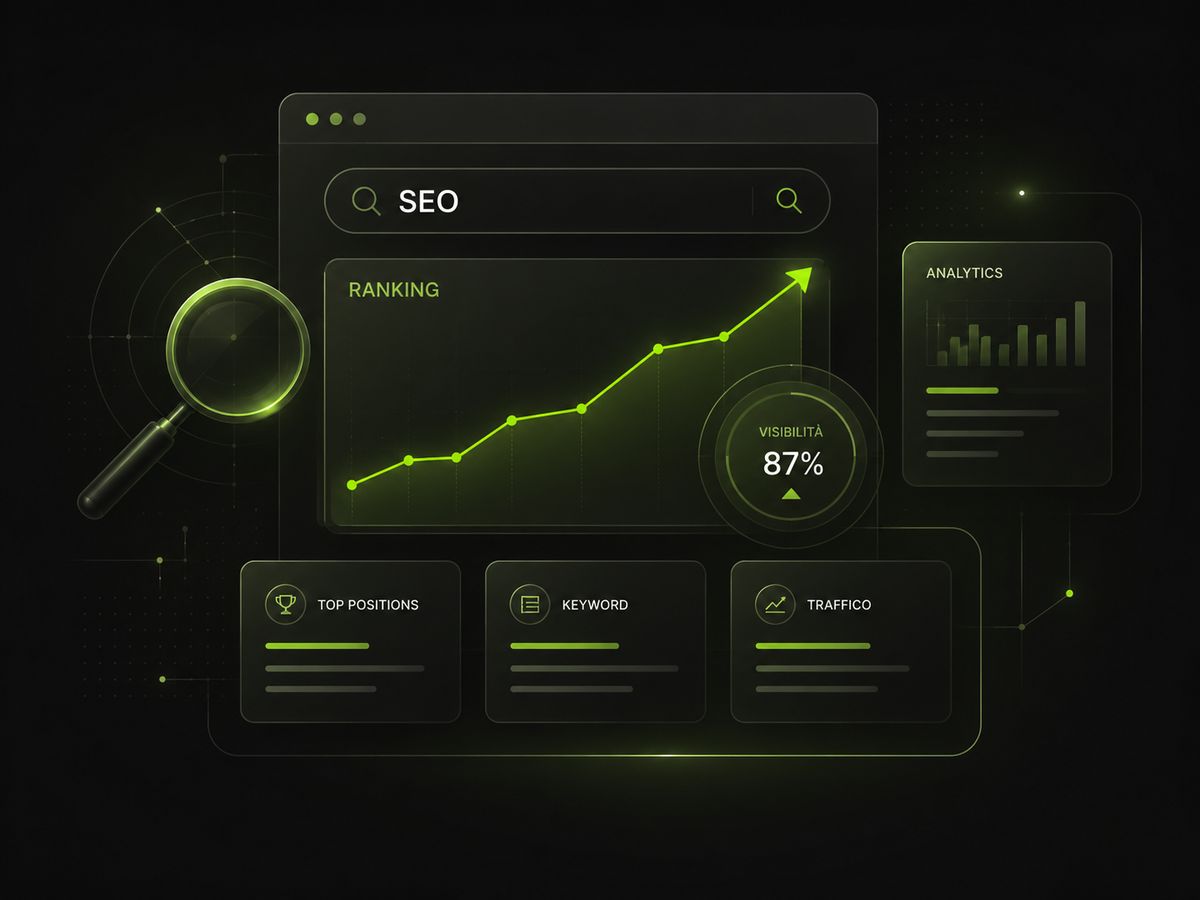Dashboard SEO con grafico di ranking in crescita, keyword, traffico e indicatore di visibilità