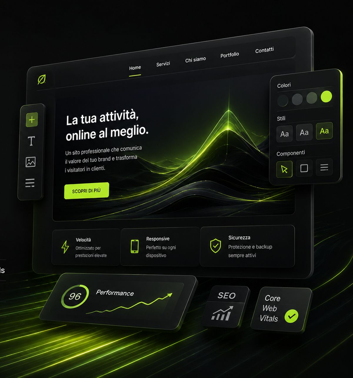 Interfaccia di un sito web professionale con editor visuale, indicatori di performance e Core Web Vitals
