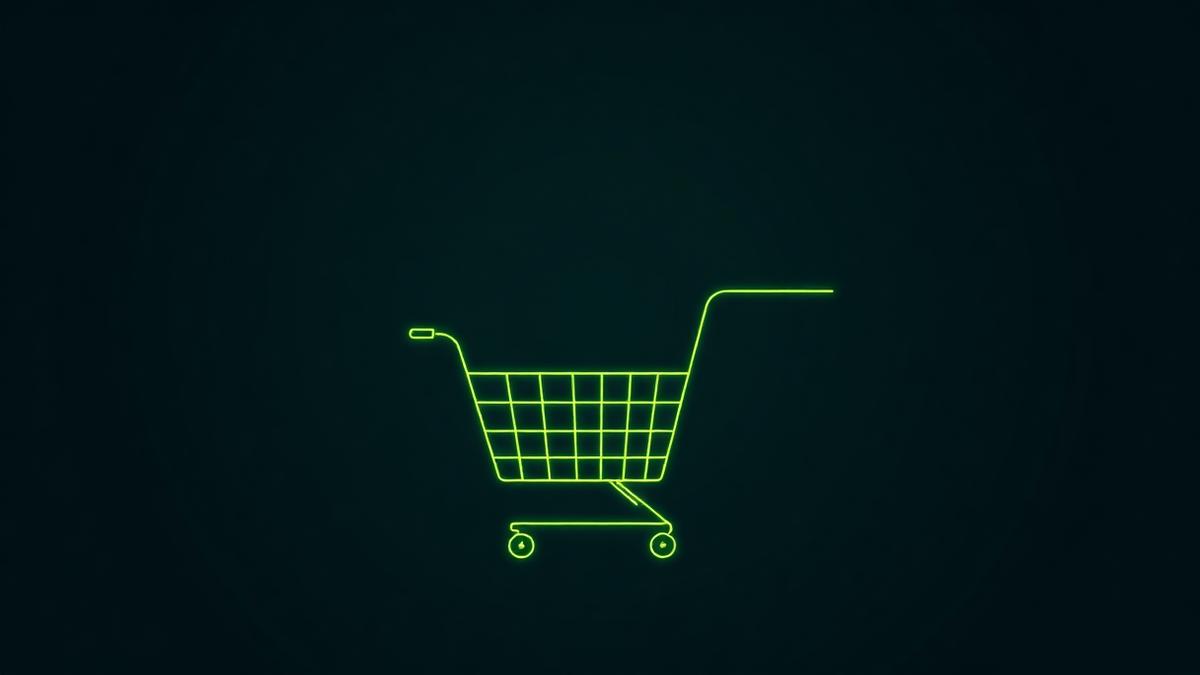 Illustrazione a linee verde lime di un carrello della spesa su fondo nero